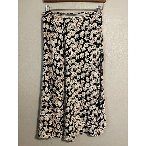 Vintage French Connection Wrap Skirt Womens 6 Black Floral Print Midi Flowy Boho - Picture 1 of 7